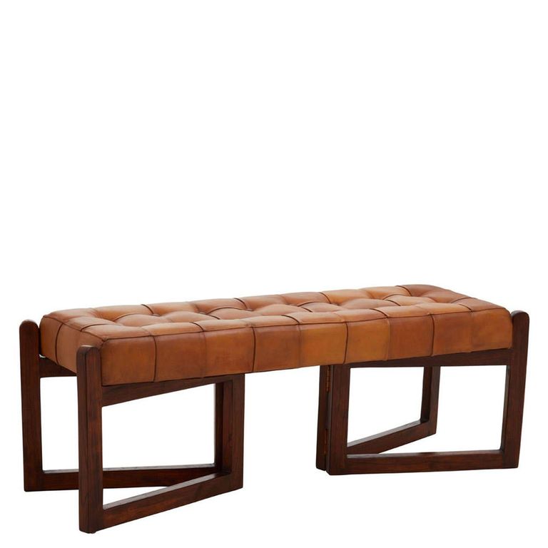 Inca Bench - Brown Leather with Teak Wood - Wooden Legs