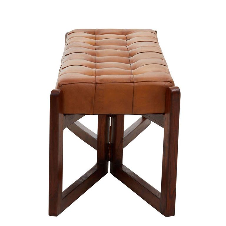 Inca Bench - Brown Leather with Teak Wood - Wooden Legs