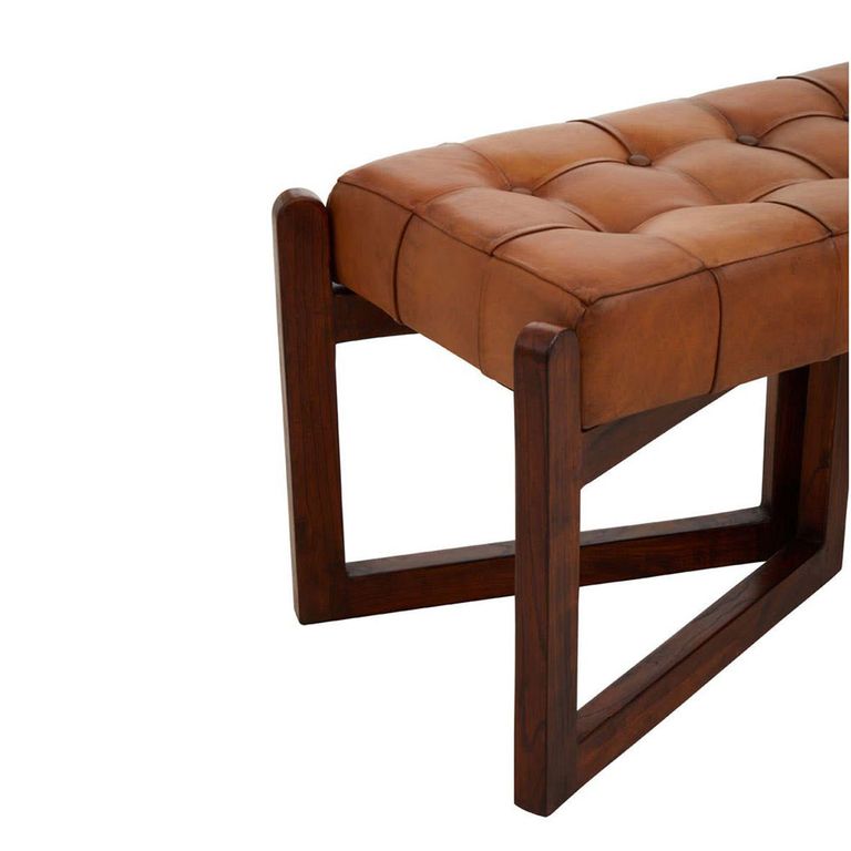 Inca Bench - Brown Leather with Teak Wood - Wooden Legs