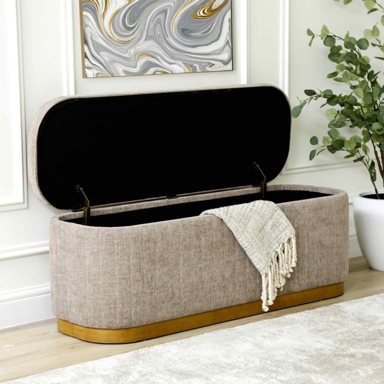Hall Bench - Oval - Taupe Linen Fabric Storage