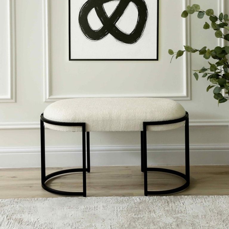 Hall Bench - Oval - White Boucle and Black Metal