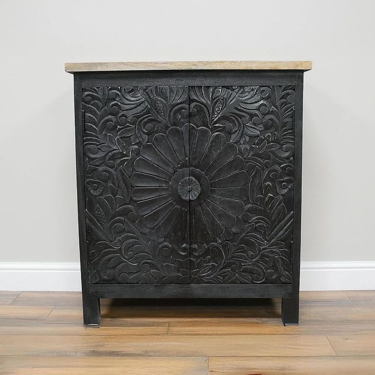 Hall Cabinet - Black - Carved Mango Wood - 2 Door