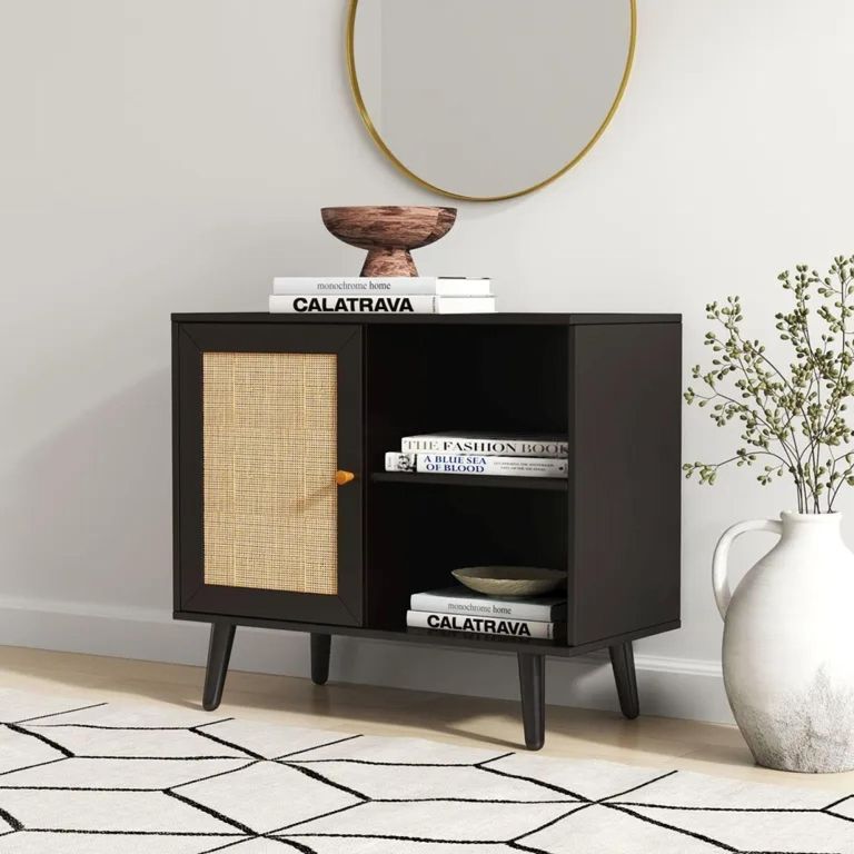 Ferrero Cabinet - 1 Door - Black and Woven Rattan