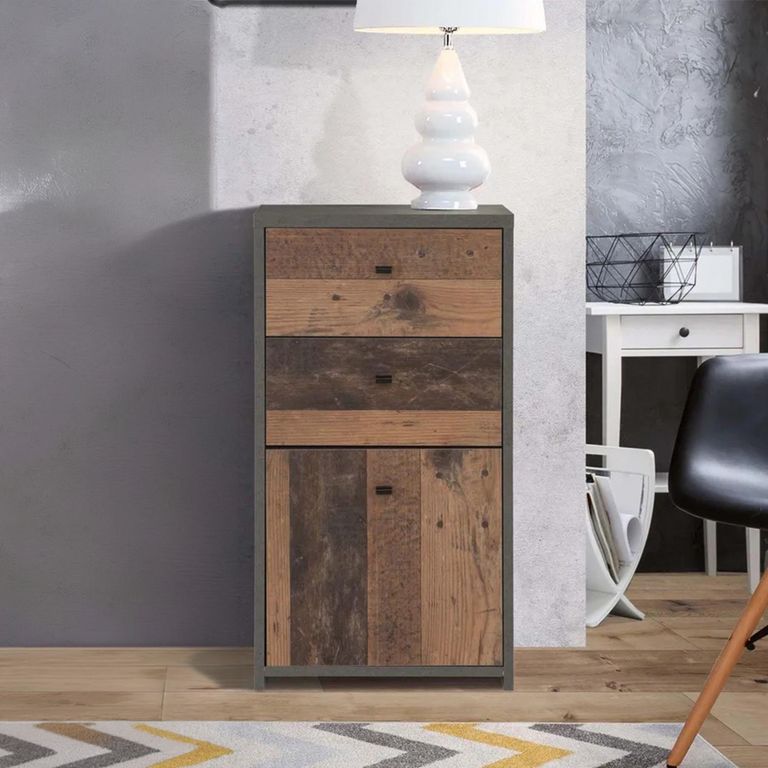 Best Cabinet - 1 Door - 2 Drawer - Grey Concrete and Vintage Wood