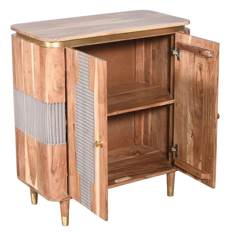 Wilton Hall Cabinet - 2 Door - Ribbed - Gold Trim - Acacia Wood