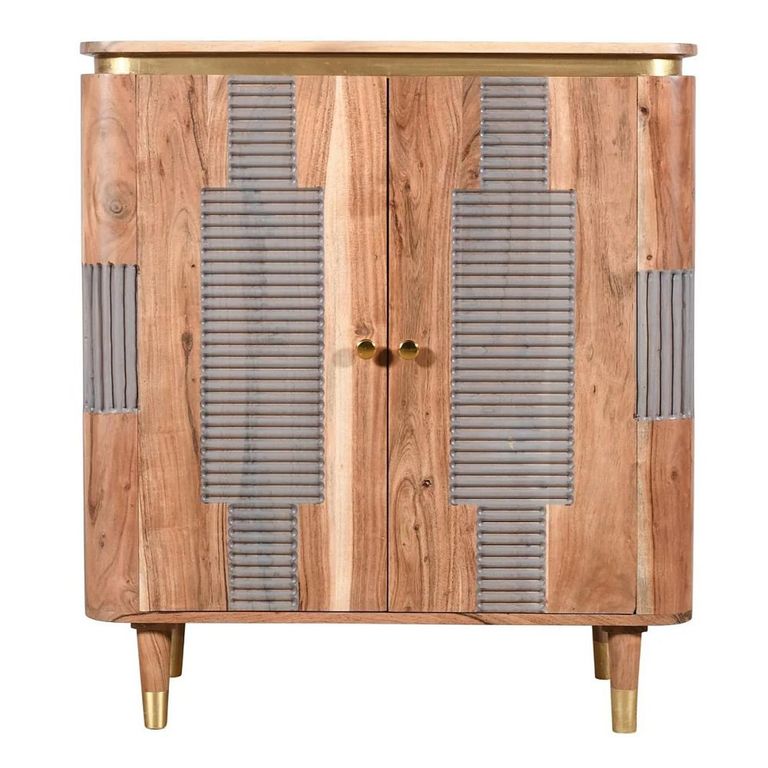 Wilton Hall Cabinet - 2 Door - Ribbed - Gold Trim - Acacia Wood