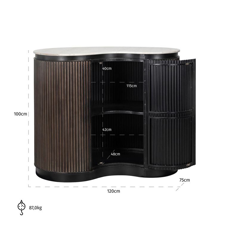 Mayfield White Marble Top 1 Door Bar Cabinet - Dark Wood Fluted Base