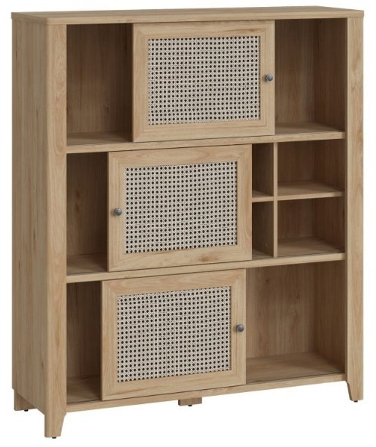 Cestino Oak and Rattan Effect Low Cabinet