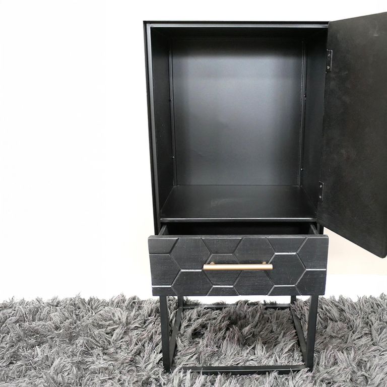 Hall Cabinet - Black - 1 Door - 1 Drawer - Metal & Wood