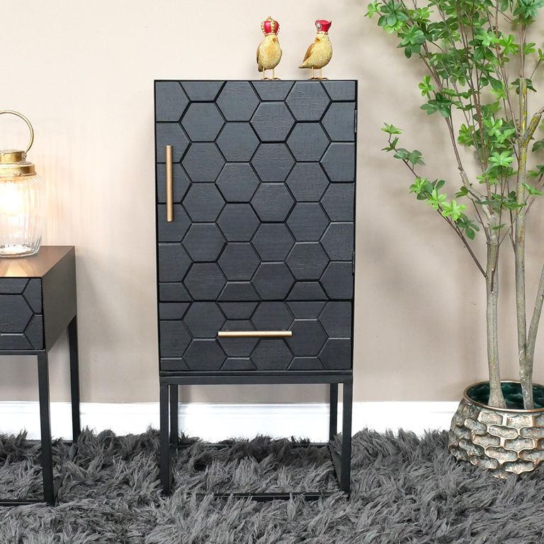 Hall Cabinet - Black - 1 Door - 1 Drawer - Metal & Wood