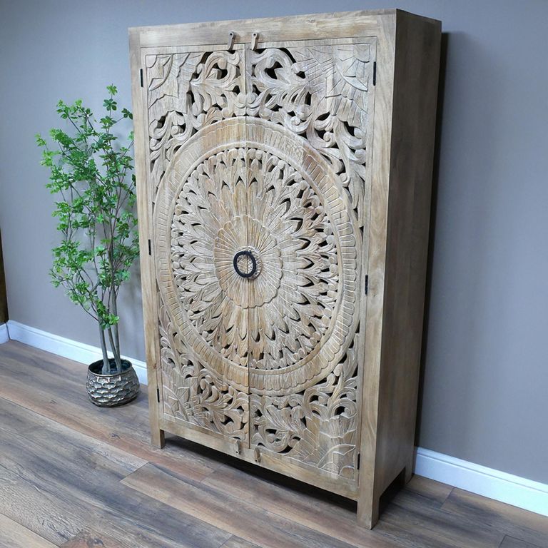 Hall Cabinet - Carved Mango Wood - 2 Door - Tall