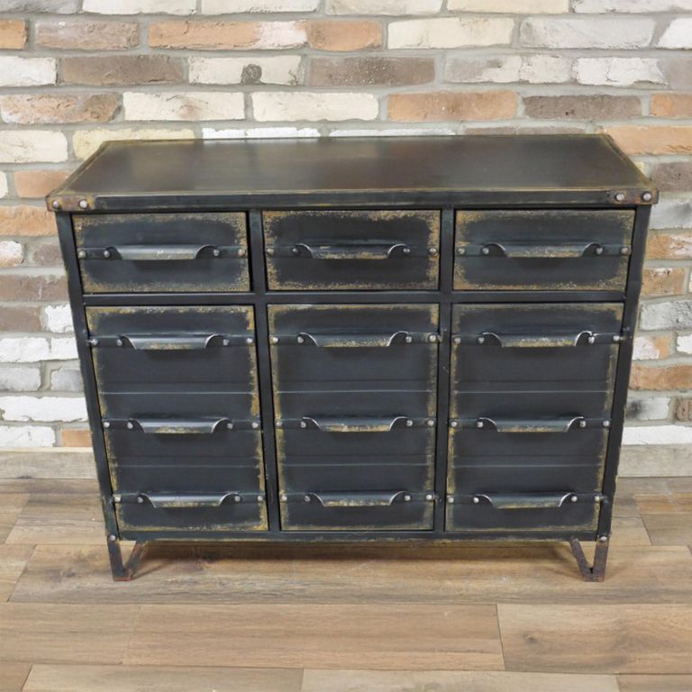 Cabinet - 3 Door - 3 Drawer - Black Metal - Industrial