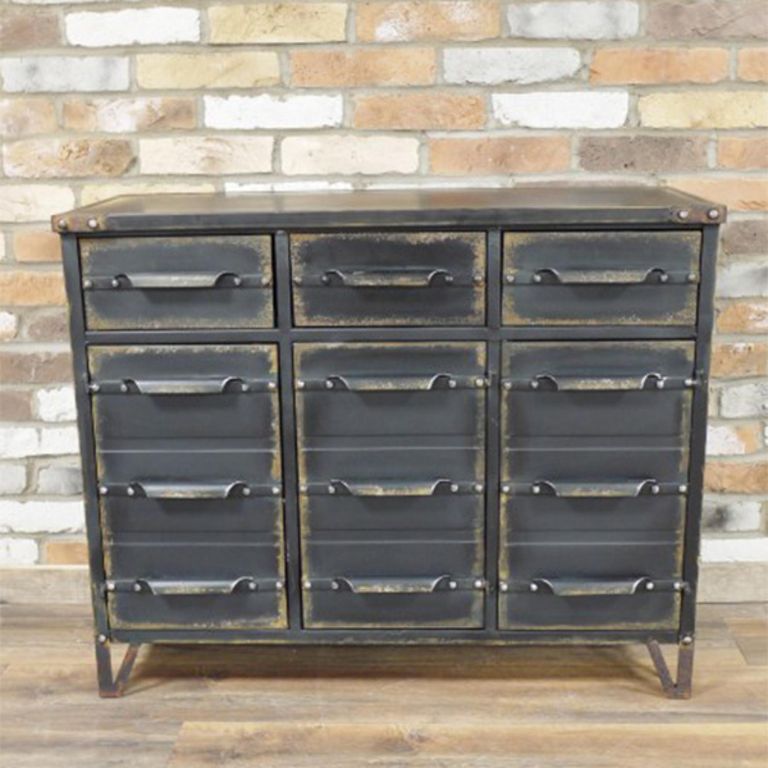 Cabinet - 3 Door - 3 Drawer - Black Metal - Industrial