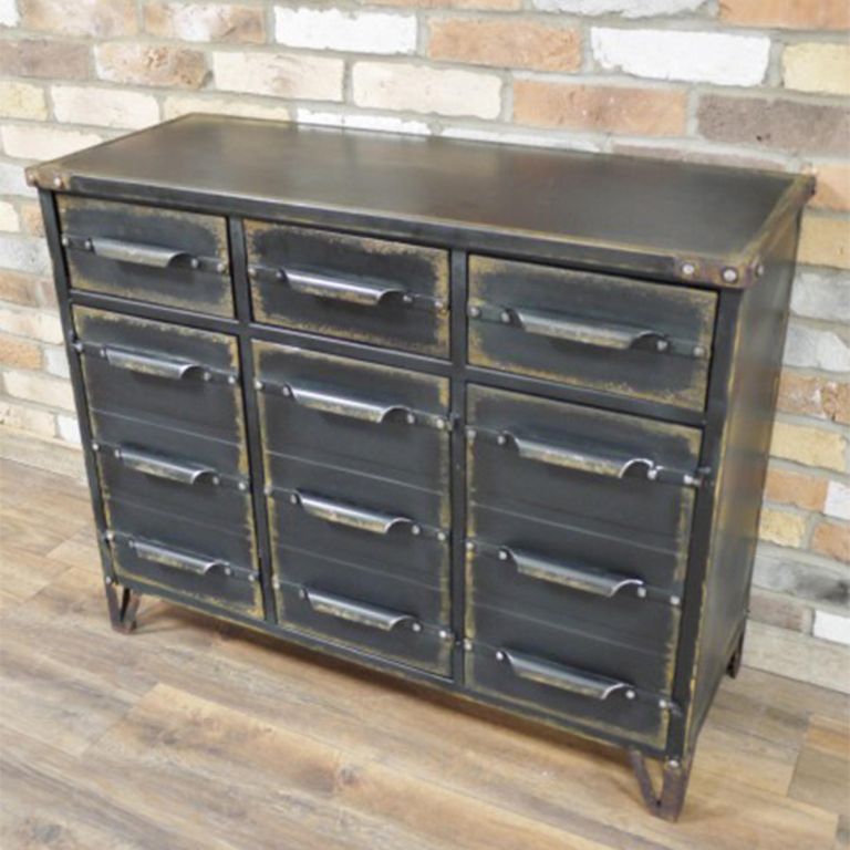 Cabinet - 3 Door - 3 Drawer - Black Metal - Industrial