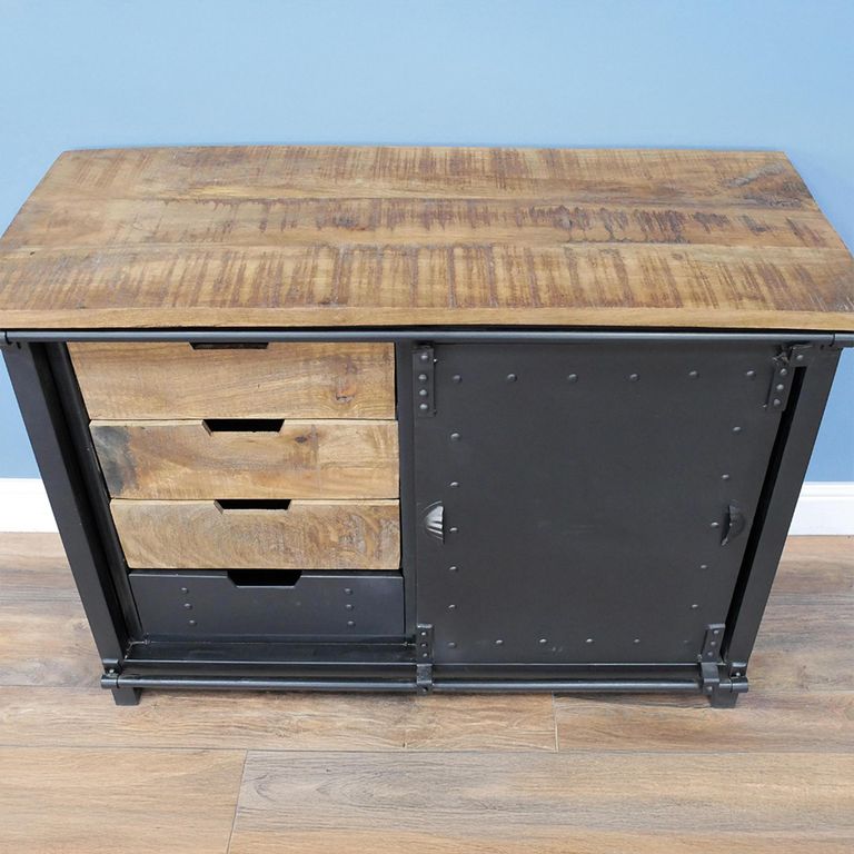 Sliding Door Cabinet - Black Metal and Mango Wood