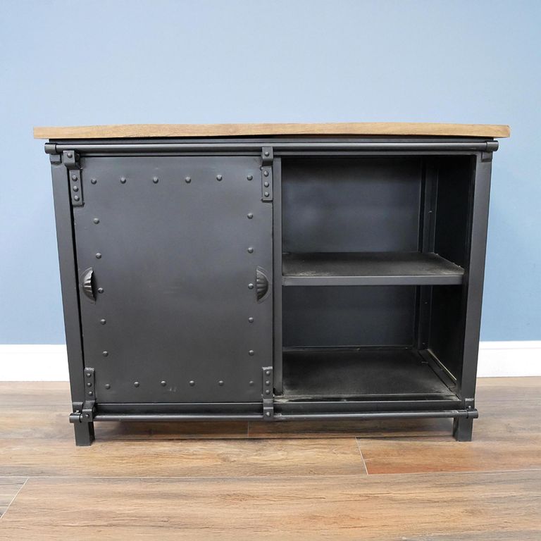 Sliding Door Cabinet - Black Metal and Mango Wood