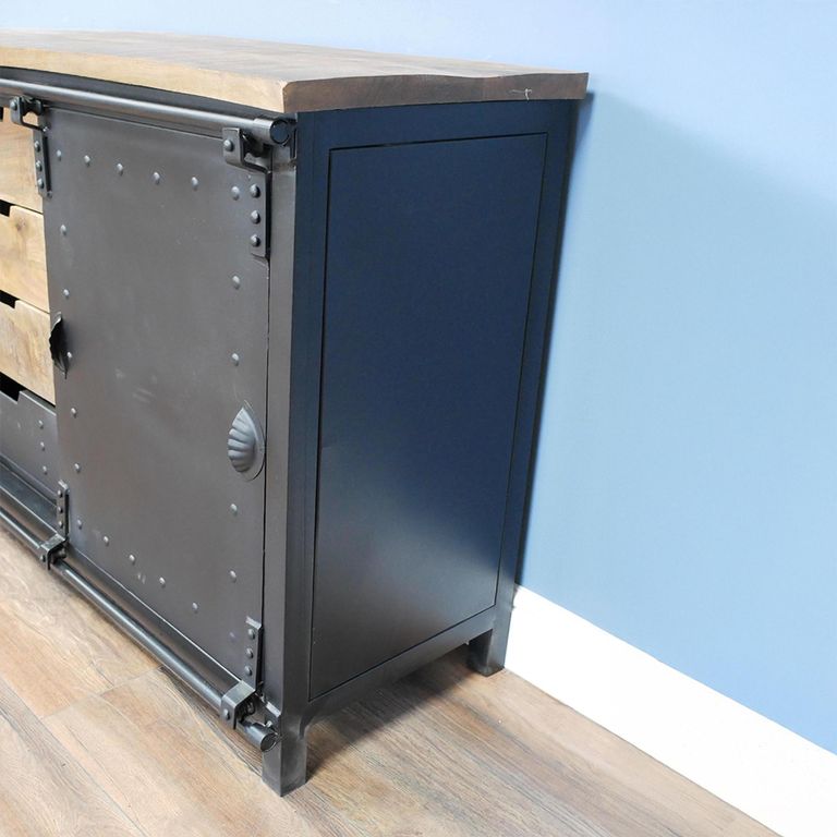 Sliding Door Cabinet - Black Metal and Mango Wood