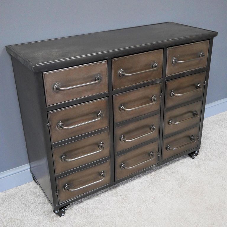 Cabinet - 3 Door - 3 Drawer - Brown Metal - Industrial