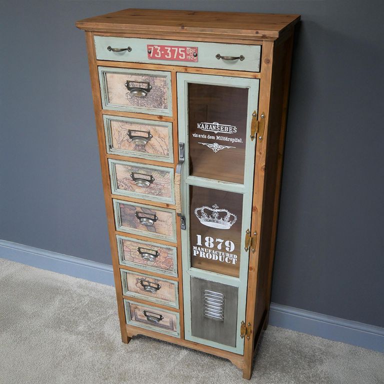 Apothecary Cabinet - 1 Door - Multi Drawer - Fir Wood - Industrial Style