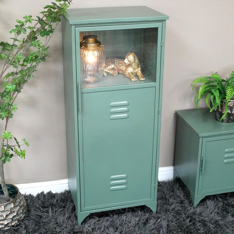 Hall Cabinet - 1 Door - Green Metal - Industrial