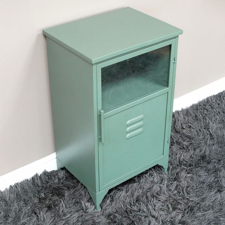 Storage Cabinet - 1 Door - Green Metal and Glass - Industrial