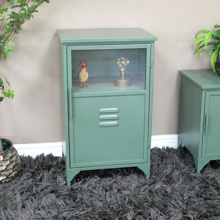 Storage Cabinet - 1 Door - Green Metal and Glass - Industrial