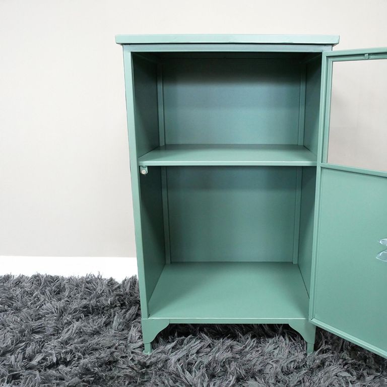 Storage Cabinet - 1 Door - Green Metal and Glass - Industrial