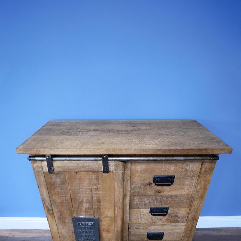 Storage Unit - Rustic Mango Wood - 1 Door - 4 Drawer - Industrial