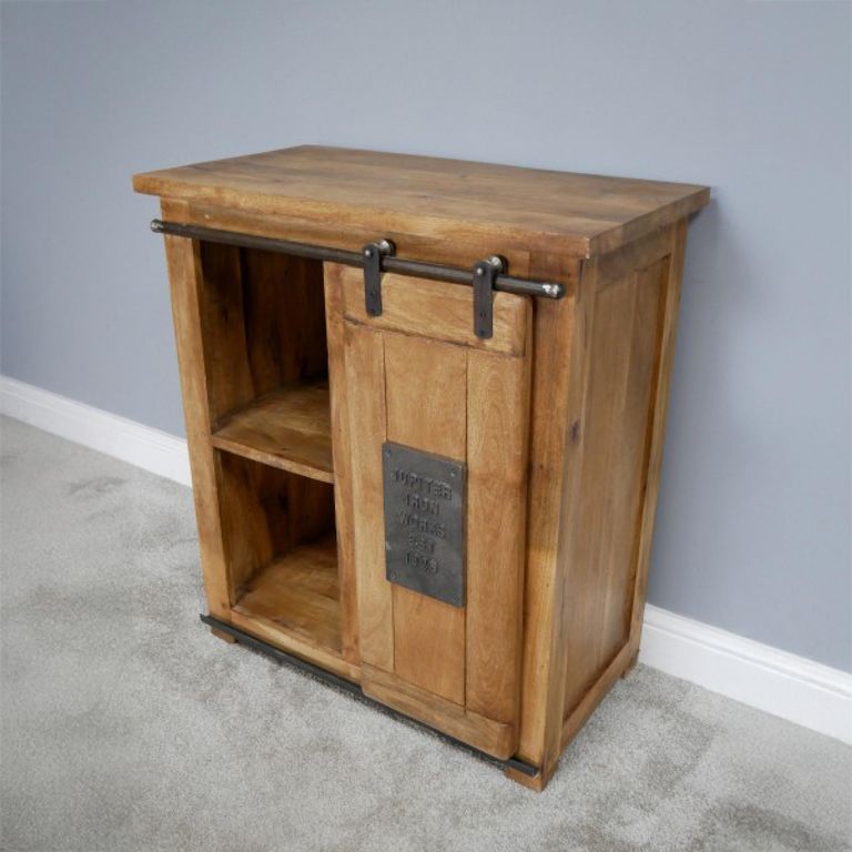 Storage Unit - Rustic Mango Wood - Sliding Door - Industrial - Wood & Metal