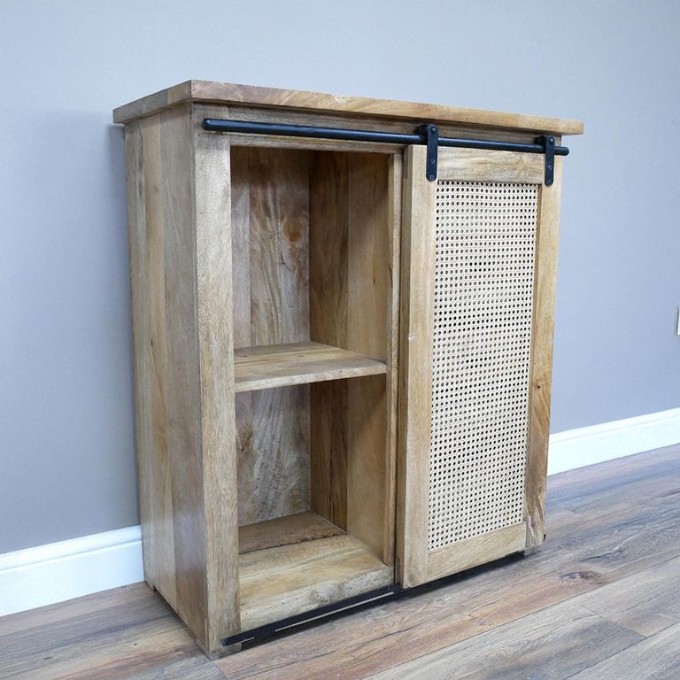 Storage Cabinet - Mango Wood and Rattan - Sliding Door