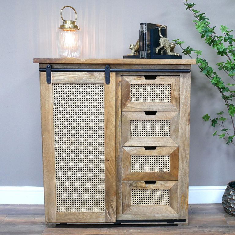 Storage Cabinet - Mango Wood and Rattan - Sliding Door