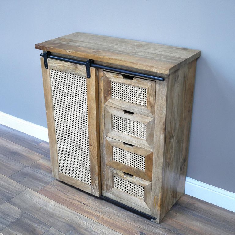 Storage Cabinet - Mango Wood and Rattan - Sliding Door