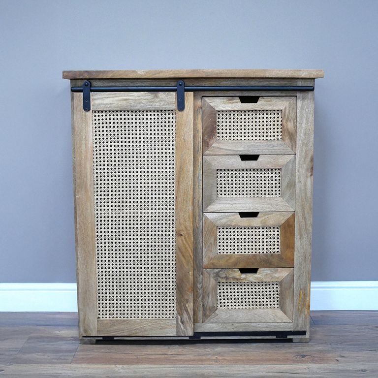 Storage Cabinet - Mango Wood and Rattan - Sliding Door