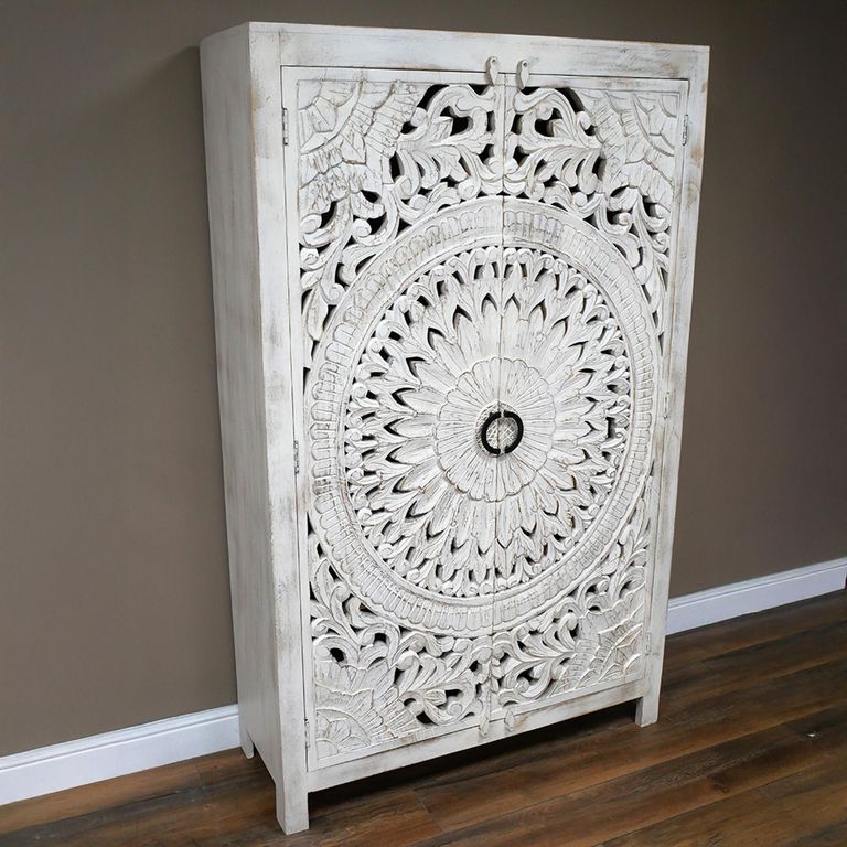 Hall Cabinet - White Washed Carved Mango Wood