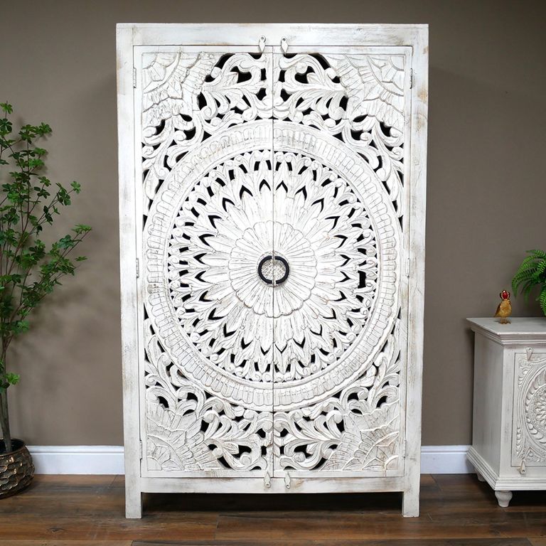 Hall Cabinet - White Washed Carved Mango Wood