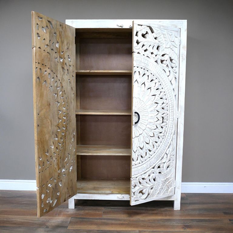 Hall Cabinet - White Washed Carved Mango Wood