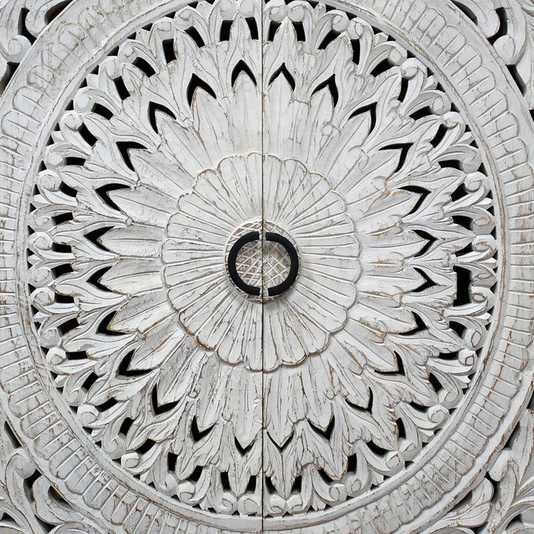 Hall Cabinet - White Washed Carved Mango Wood