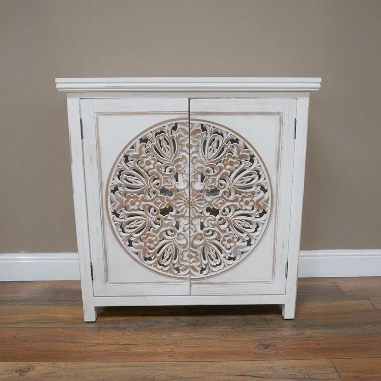Cabinet - 2 Door - Small - Whitewashed Carved Mango Wood