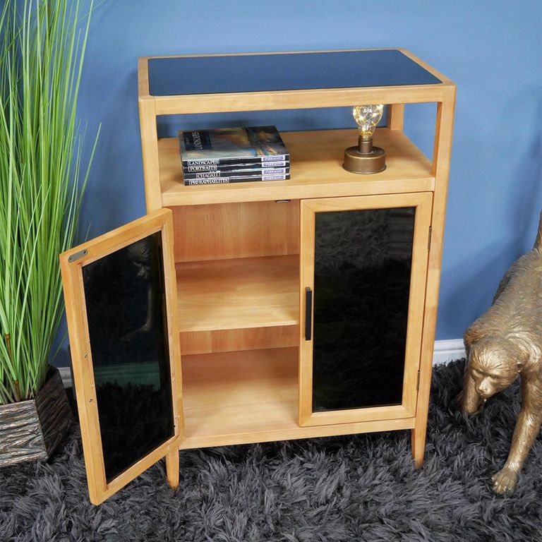 Storage Cabinet - Wood and Black Glass - 2 Door