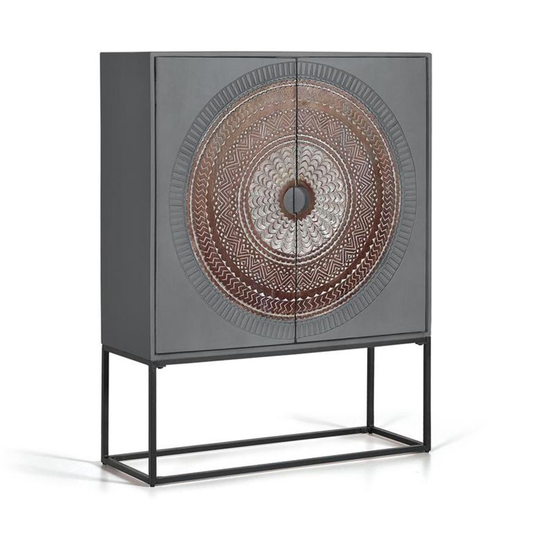 Lytton Hall Cabinet - Grey Carved Mango Wood - 2 Door