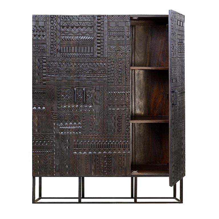 Macedonia Hall Cabinet - Carved Dark Mango Wood - 3 Door