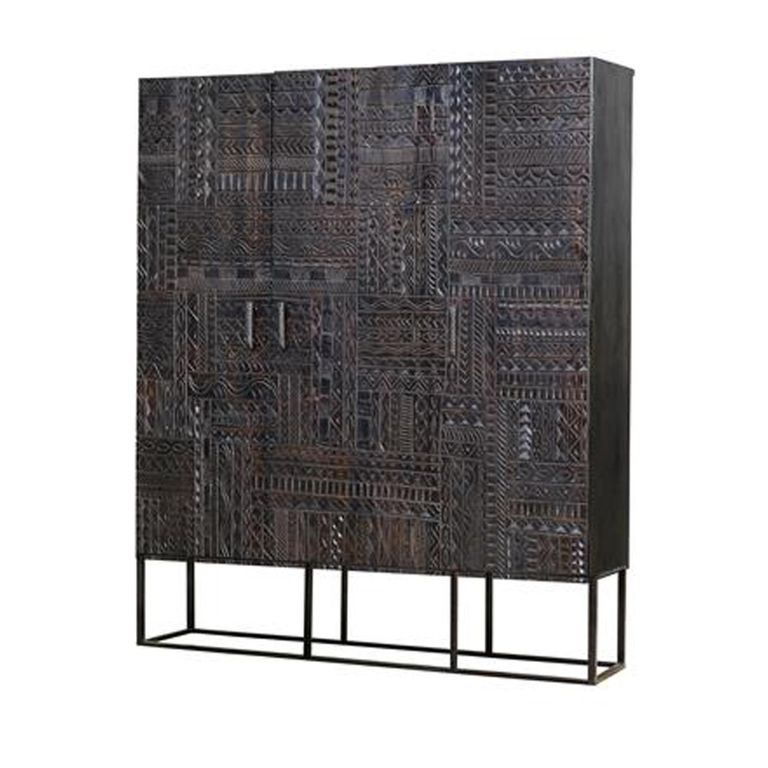 Macedonia Hall Cabinet - Carved Dark Mango Wood - 3 Door