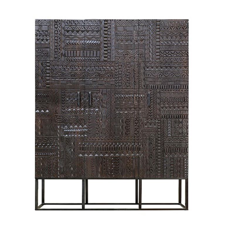 Macedonia Hall Cabinet - Carved Dark Mango Wood - 3 Door