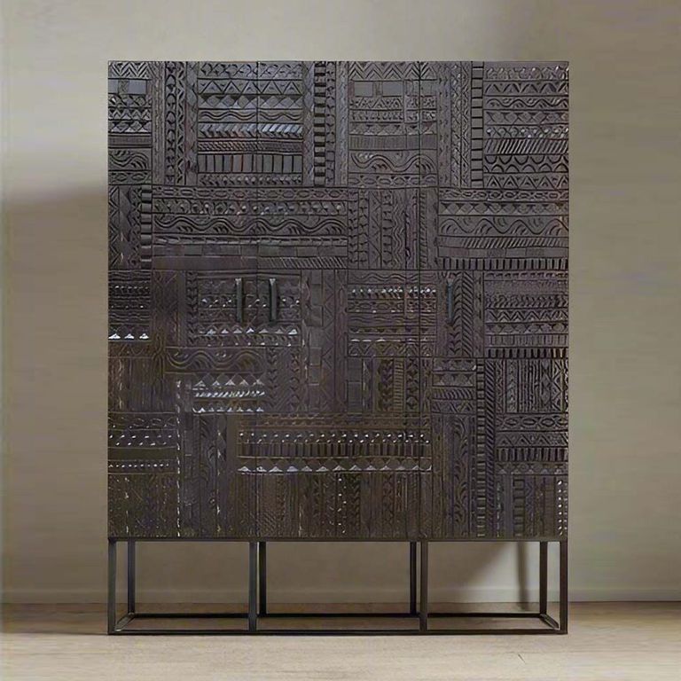 Macedonia Hall Cabinet - Carved Dark Mango Wood - 3 Door