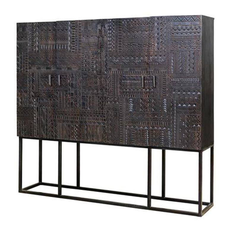 Macedonia Hall Cabinet - Carved Dark Mango Wood - 4 Door