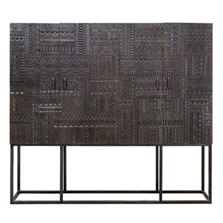 Macedonia Hall Cabinet - Carved Dark Mango Wood - 4 Door