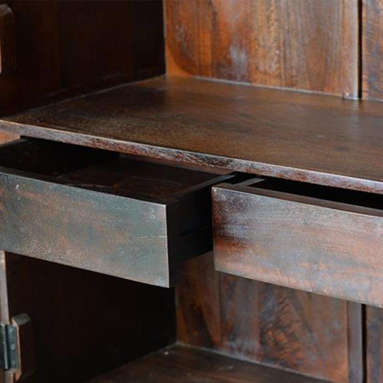 Macedonia Hall Cabinet - Carved Dark Mango Wood - 4 Door - Large