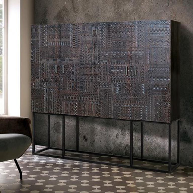 Macedonia Hall Cabinet - Carved Dark Mango Wood - 4 Door - Large