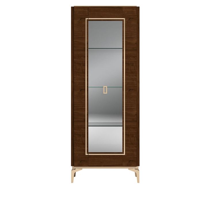 Modern Eva Vitrine - 1 Glass Door - Walnut with Gold Trim