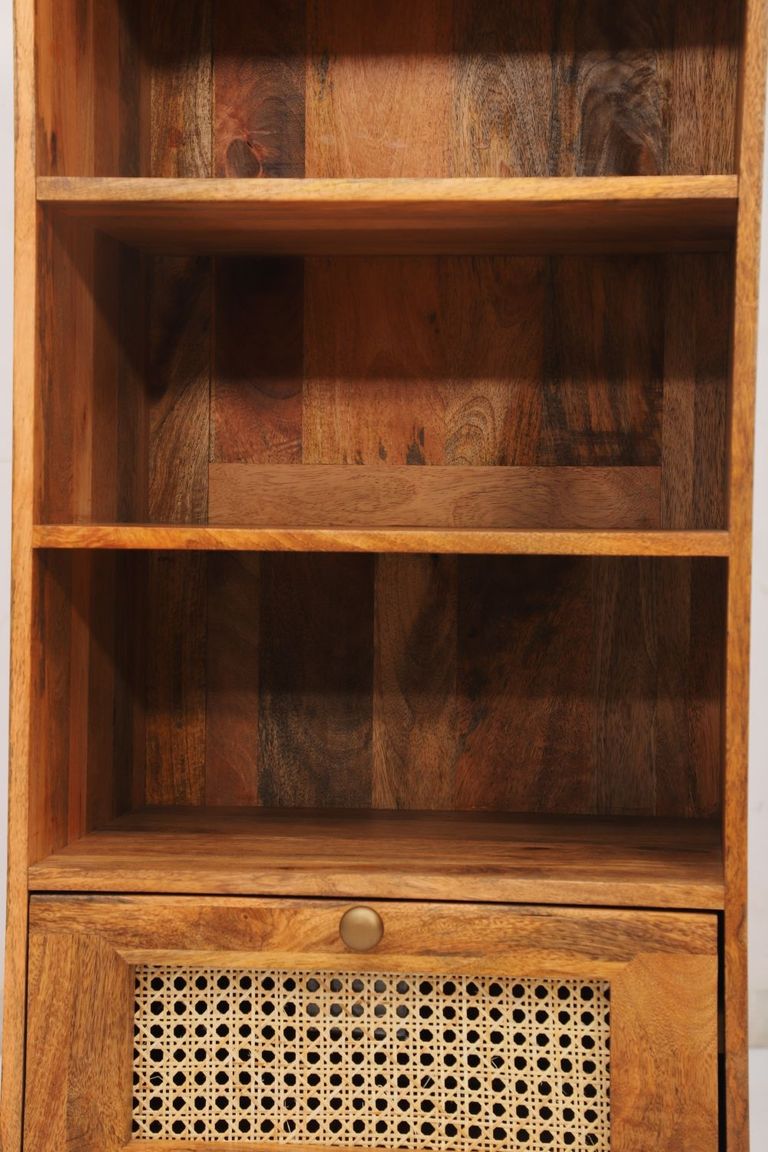 Nyack Mango Wood with Rattan Bookcase - Hairpin Legs
